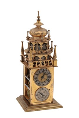Lot 1218 - AN EARLY 17TH CENTURY GERMAN GILT BRASS QUARTER STRIKING VERGE TOWER CLOCK