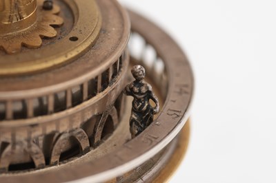 Lot 1243 - AN EARLY 17TH CENTURY SILVER AND GILT PENDULE A CERCLES TOURNANTS CLOCK WITH FIGURAL FINIAL