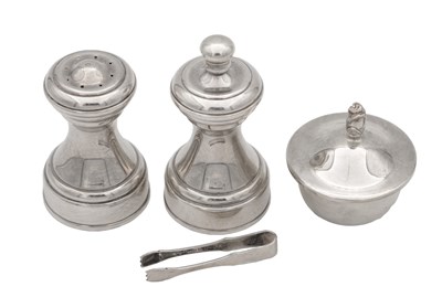 Lot 5 - A TIFFANY & CO PEPPER MILL AND SALT WITH A SILVER LIDDED SWEETENER AND TONGS