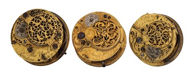 Lot 492 - A COLLECTION OF THREE MID 18TH CENTURY ENGLISH GILT BRASS VERGE POCKET WATCH MOVEMENTS WITH PIERCED BALANCE COCKS