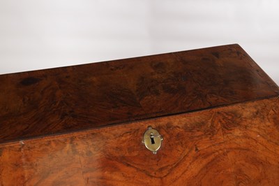 Lot 1674 - A WILLIAM AND MARY HERRINGBONE INLAID FIGURED WALNUT BUREAU OF SMALL SIZE