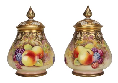 Lot 603 - A PAIR OF 20TH CENTURY ROYAL WORCESTER PORCELAIN FRUIT PAINTED POT POURRI VASES AND COVERS SIGNED JAMES SKERRETT