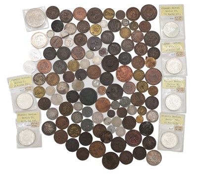 Lot 190 - A COLLECTION OF SILVER AND BASE METAL TOKENS AND COINS