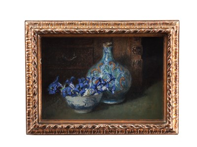 Lot 975 - ADELINE BLANCHE MOORHOUSE (B.1967) A 20TH CENTURY PASTEL STILL LIFE "GENTIAN & MAJOLICA"