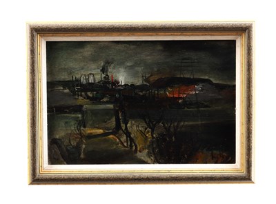 Lot 891 - TOM WHITEHEAD A MODERN OIL ON BOARD INDUSTRIAL LANDSCAPE