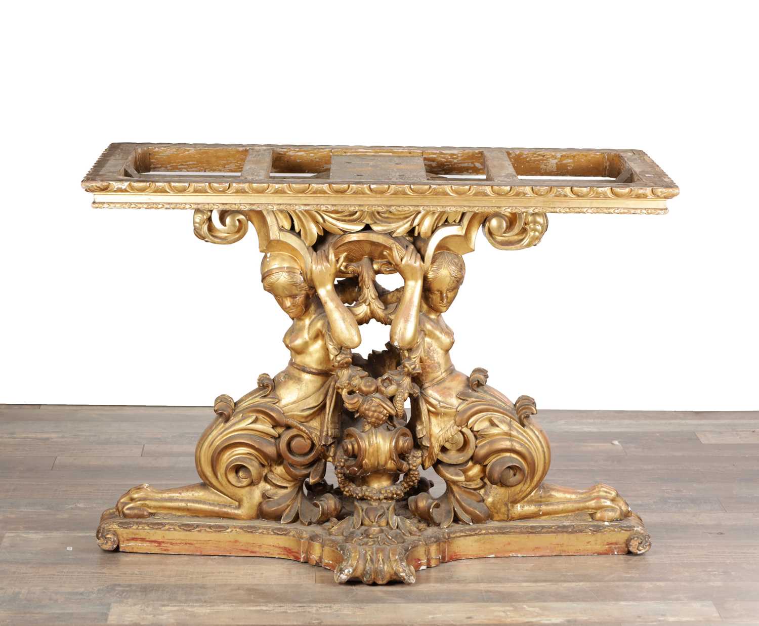 Lot 1571 - A GOOD GEORGE III CARVED GILTWOOD CONSOLE TABLE IN THE MANNER OF WILLIAM KENT