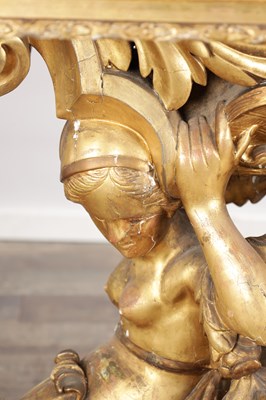 Lot 1571 - A GOOD GEORGE III CARVED GILTWOOD CONSOLE TABLE IN THE MANNER OF WILLIAM KENT