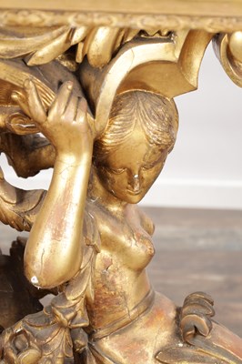 Lot 1571 - A GOOD GEORGE III CARVED GILTWOOD CONSOLE TABLE IN THE MANNER OF WILLIAM KENT