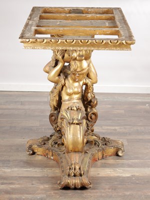 Lot 1571 - A GOOD GEORGE III CARVED GILTWOOD CONSOLE TABLE IN THE MANNER OF WILLIAM KENT