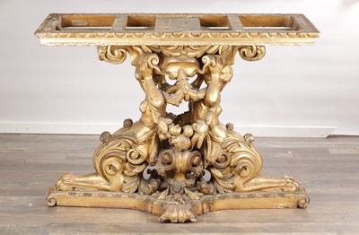 Lot 1571 - A GOOD GEORGE III CARVED GILTWOOD CONSOLE TABLE IN THE MANNER OF WILLIAM KENT