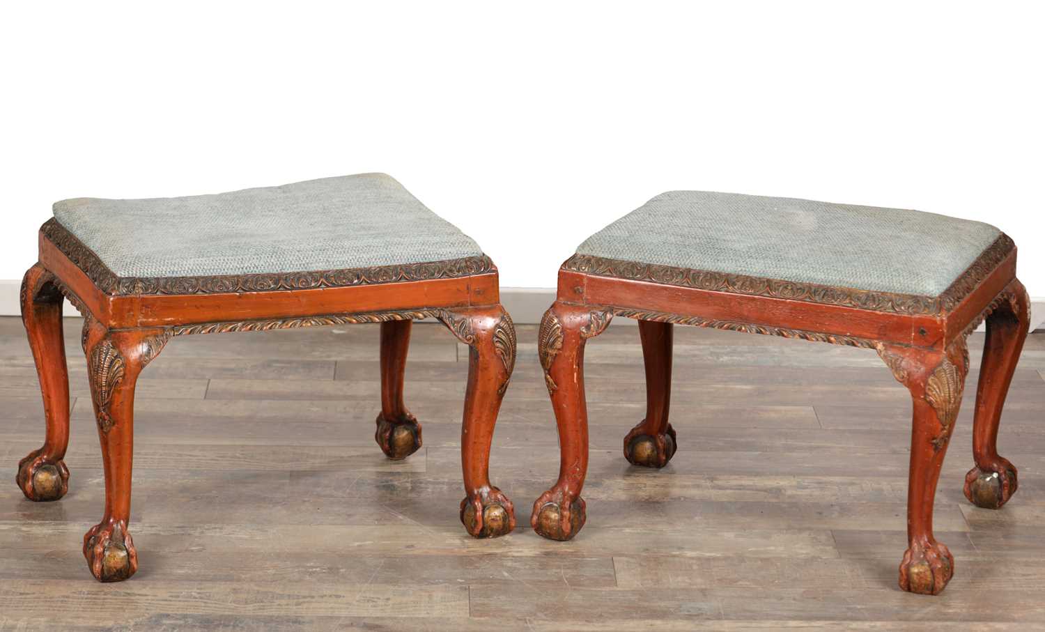 Lot 1538 - A PAIR OF GEORGE I STYLE LACQUERED UPHOLSTERED STOOLS