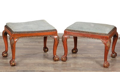 Lot 1538 - A PAIR OF GEORGE I STYLE LACQUERED UPHOLSTERED STOOLS