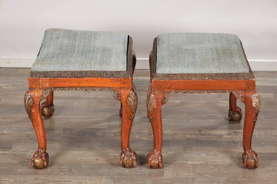Lot 1538 - A PAIR OF GEORGE I STYLE LACQUERED UPHOLSTERED STOOLS