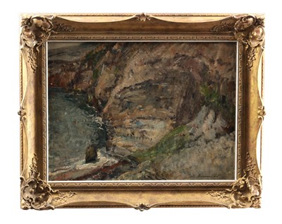 Lot 976 - REGINALD GRANGE BRUNDRIT (BRITISH 1883-1960) AN EARLY 20TH CENTURY OIL ON CANVAS TITLED 'SINISTER COAST'