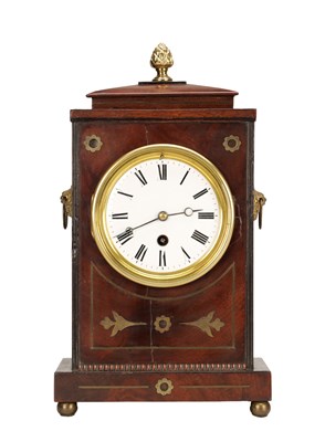 Lot 1213 - A 19TH CENTURY BRASS INLAID MAHOGANY MANTEL CLOCK
