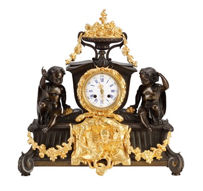 Lot 1339 - GUYENOT, PARIS. A 19TH CENTURY FRENCH PATINATED BRONZE AND ORMOLU FIGURAL MANTEL CLOCK