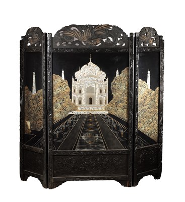 Lot 824 - A 19TH CENTURY INDIAN EBONISED AND MOTHER OF PEARL INLAID THREE-FOLD SCREEN