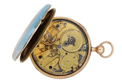 Lot 445 - A CIRCA 1800 CONTINENTAL 18CT ROSE GOLD AND ENAMEL REPEATING POCKET WATCH WITH CYLINDRICAL ESCAPEMENT