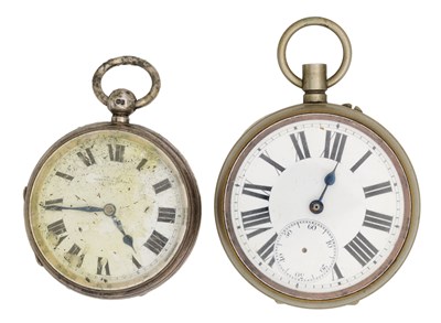 Lot 329 - TWO SILVER AND BASE METAL OPEN FACE POCKET WATCHES