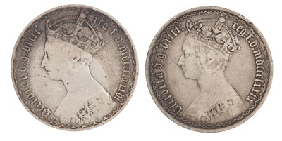 Lot 302 - TWO VICTORIAN ENGLISH SILVER GOTHIC FLORINS