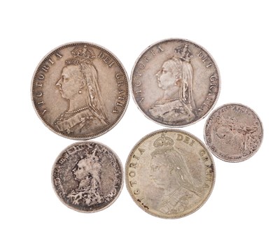 Lot 220 - A COLLECTION OF FIVE 1887 ENGLISH SILVER QUEEN VICTORIA COINS