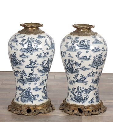 Lot 583 - AN IMPRESSIVE PAIR OF LATE 19TH CENTURY FRENCH BLUE AND WHITE PORCELAIN AND ORMOLU MOUNTED VASES