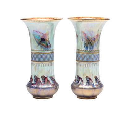 Lot 607 - A PAIR OF WEDGWOOD POTTERY BUTTERFLY LUSTRE VASES DESIGNED BY DAISY MAKEIG-JONES PATTERN Z4832