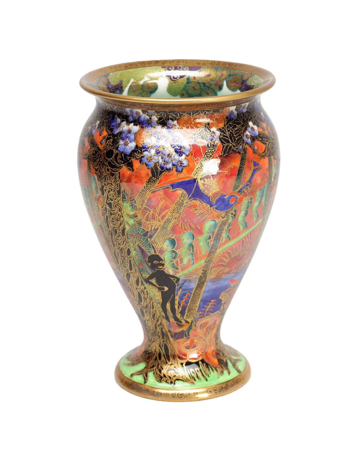 Lot 691 - AN EARLY 20TH CENTURY WEDGWOOD FAIRYLAND LUSTRE VASE IN THE IMPS ON A BRIDGE PATTERN Z5481