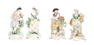 Lot 586 - TWO PAIRS OF LATE 19TH CENTURY CONTINENTAL PORCELAIN PASTORAL FIGURES