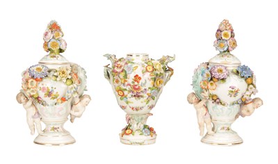 Lot 575 - A COLLECTION OF THREE LATE 19TH CENTURY CONTINENTAL MEISSEN STYLE PORCELAIN POT-POURRI URNS