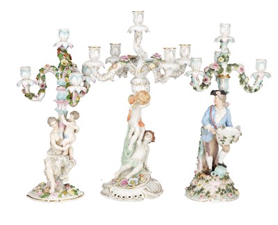 Lot 587 - THREE LATE 19TH CENTURY CONTINENTAL PORCELAIN FIGURAL CANDELABRA