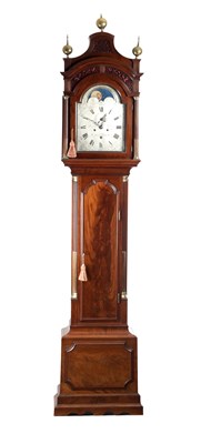 Lot 1173 - THOMAS ROBBINS, CHATHAM A GEORGE III FLAMED MAHOGANY EIGHT DAY SILVERED DIAL MOON ROLLER LONGCASE CLOCK