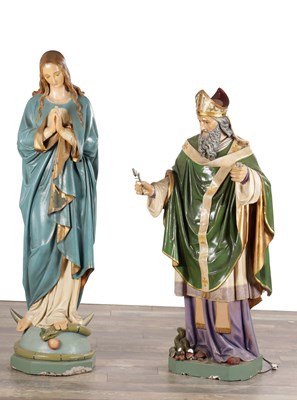Lot 1007 - TWO 20TH CENTURY POLYCHROME PAINTED GESSO FIGURES OF THE VIRGIN MARY AND ST PATRICK