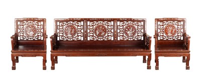 Lot 734 - A 20TH CENTURY CHINESE HARDWOOD AND MOTHER OF PEARL INLAID THREE PIECE SUITE