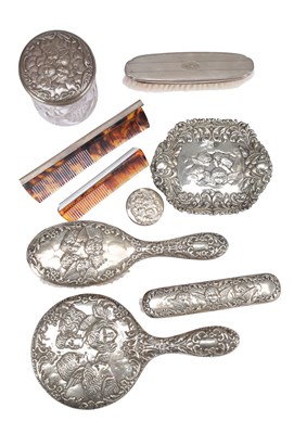 Lot 72 - A COLLECTION OF MID 20TH CENTURY ENGLISH SILVER-MOUNTED DRESSING TABLE PIECES