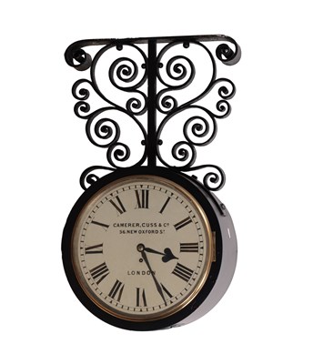 Lot 1323 - A GOOD LATE 19TH CENTURY CAMERER, CUSS & CO LONDON DOUBLE-SIDED FUSEE RAILWAY STATION CLOCK ON SCROLLED CAST IRON BRACKET