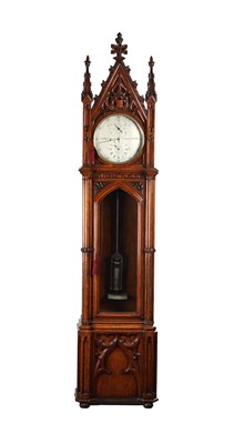Lot 1351 - CLERKE, 1 ROYAL EXCHANGE, LONDON. A FINE CARVED OAK GOTHIC STYLE REGULATOR LONGCASE CLOCK IN THE MANNER OF PUGIN