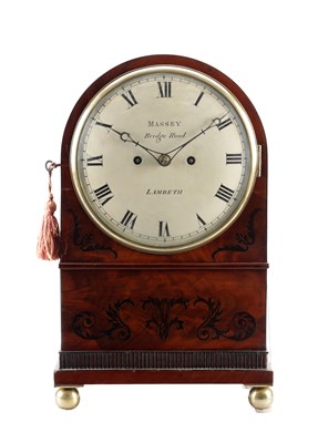Lot 1208 - MASSEY, BRIDGE ROAD, LAMBETH. A REGENCY MAHOGANY AND EBONY INLAID ARCH TOPPED DOUBLE FUSEE BRACKET CLOCK