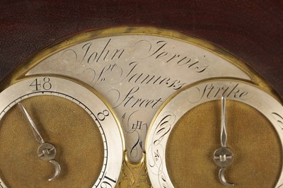 Lot 1187 - JOHN JARVIS, ST. JAMES STREET, LONDON. AN ENGLISH GEORGE III FLAMED MAHOGANY EIGHT-DAY BELL TOP VERGE BRACKET CLOCK