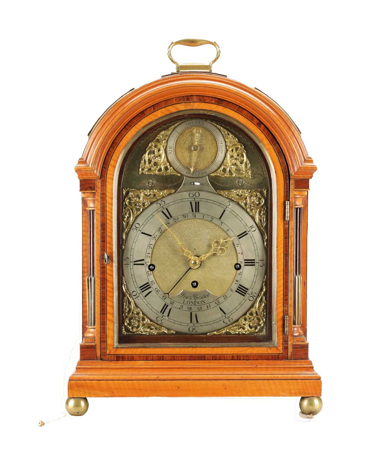 Lot 1233 - PETER PRESTIOT, LONDON AN IMPRESSIVE GEORGE III FIGURED SATINWOOD AND ROSEWOOD CROSS-BANDED MUSICAL BRACKET CLOCK