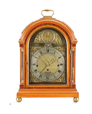 Lot 1233 - PETER PRESTIOT, LONDON AN IMPRESSIVE GEORGE III FIGURED SATINWOOD AND ROSEWOOD CROSS-BANDED MUSICAL BRACKET CLOCK