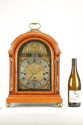 Lot 1233 - PETER PRESTIOT, LONDON AN IMPRESSIVE GEORGE III FIGURED SATINWOOD AND ROSEWOOD CROSS-BANDED MUSICAL BRACKET CLOCK