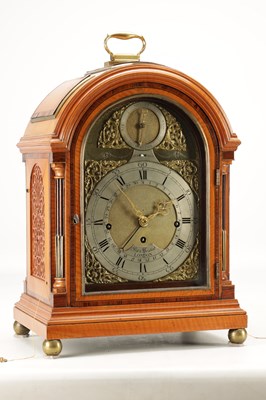 Lot 1233 - PETER PRESTIOT, LONDON AN IMPRESSIVE GEORGE III FIGURED SATINWOOD AND ROSEWOOD CROSS-BANDED MUSICAL BRACKET CLOCK