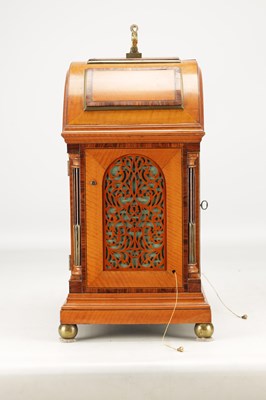 Lot 1233 - PETER PRESTIOT, LONDON AN IMPRESSIVE GEORGE III FIGURED SATINWOOD AND ROSEWOOD CROSS-BANDED MUSICAL BRACKET CLOCK