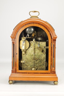 Lot 1233 - PETER PRESTIOT, LONDON AN IMPRESSIVE GEORGE III FIGURED SATINWOOD AND ROSEWOOD CROSS-BANDED MUSICAL BRACKET CLOCK