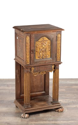 Lot 1524 - A 17TH CENTURY ITALIAN WALNUT AND PARCEL-GILT SIDE CABINET ON STAND