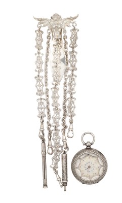 Lot 401 - A LATE 19TH CENTURY CONTINENTAL SILVER CHATELAINE AND A SILVER FOB WATCH