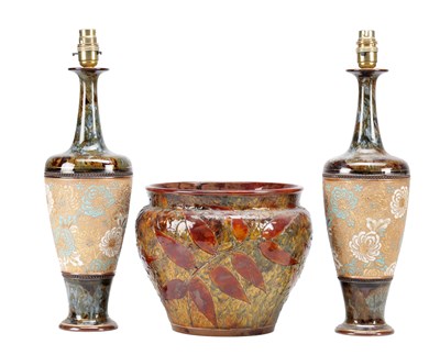 Lot 604 - A PAIR OF LATE 19TH CENTURY ROYAL DOULTON SLATERS STONEWARE LAMP BASES AND A ROYAL DOULTON LAMBETH STONEWARE JARDINIERE