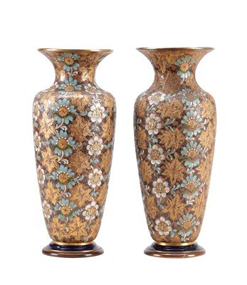 Lot 571 - A PAIR OF EARLY 20TH CENTURY ROYAL DOULTON SLATERS STONEWARE VASES