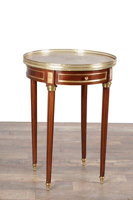 Lot 1604 - A LATE 19TH CENTURY FRENCH MAHOGANY AND BRASS MOUNTED GUERIDON WITH MARBLE TOP AND PIERCED GALLERY